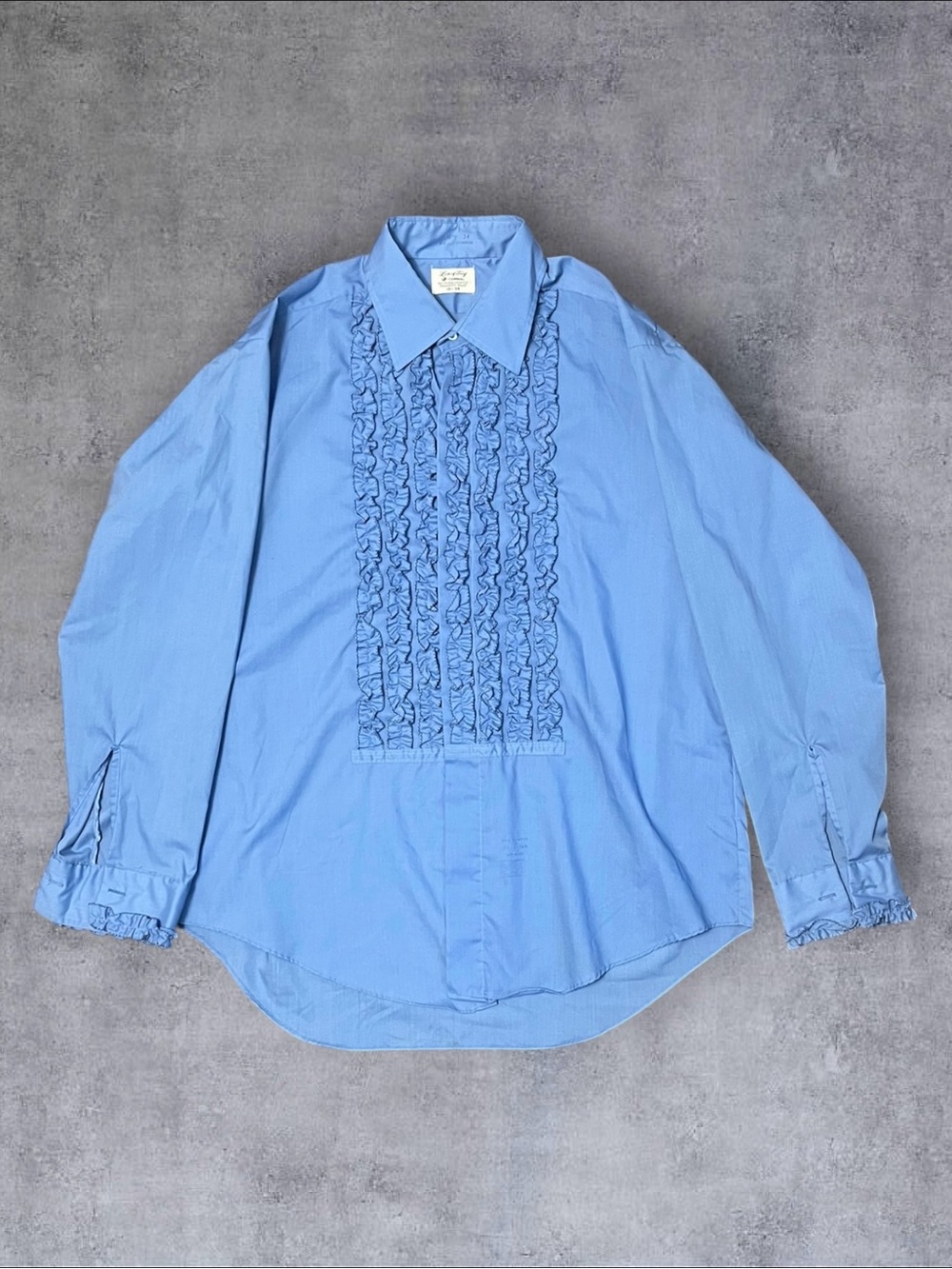 Vintage 70s / 80s Lion of Troy Sz 16 1/2-34 Blue Ruffle Formal Dress Shirt